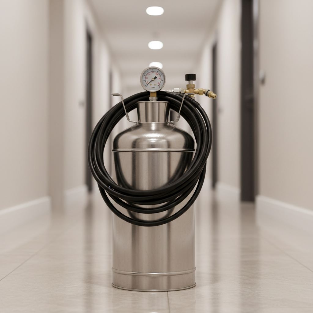 Close-up, photographic shot of a professional-grade stainless steel pest control sprayer standing upright on a glossy tile corridor in a residential building in Istanbul. The metal surface has a subtle brushed texture, reflecting soft overhead LED lighting, while a clearly visible pressure gauge and neatly wrapped hose suggest precision and reliability. Around it, baseboards and corners are clean, dry, and free of visible pests or residues. The camera is positioned at a low angle with shallow depth of field, keeping the sprayer in sharp focus while the length of the corridor gently blurs into the distance. The mood is technical, meticulous, and reassuring, emphasizing modern, controlled pest management.