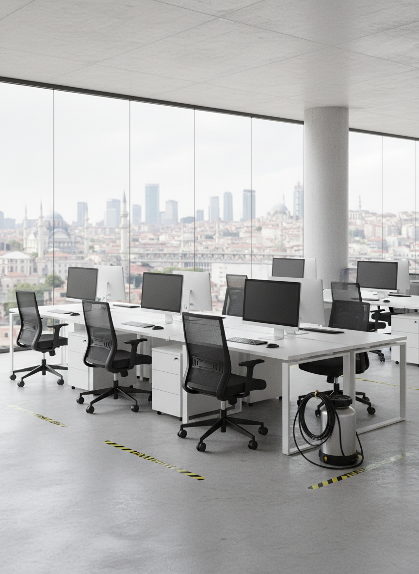A spotless, recently treated commercial office space in Istanbul, featuring rows of modern white desks, ergonomic chairs, and neatly arranged computer monitors, with subtle yellow safety markers on the floor indicating treated zones. No people are present, only a compact, closed pest control sprayer standing beside a column, its hose coiled tidily. Large floor-to-ceiling windows reveal a soft-focus cityscape with hints of Istanbul’s mixed historic and modern architecture. Bright, diffused daylight floods the room, casting soft shadows and emphasizing cleanliness. Photographic realism, wide-angle shot with rule-of-thirds composition, creating a calm, professional atmosphere that communicates effectiveness and minimal disruption to business operations.