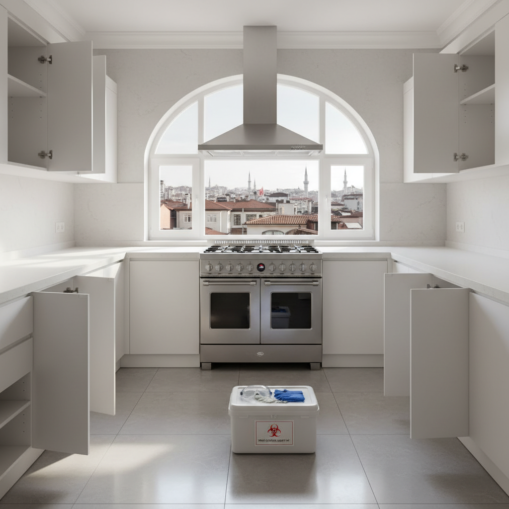 A bright, well-ventilated Istanbul kitchen that has just undergone professional pest control, with gleaming white cabinets, a stainless steel stove, and a spotless quartz countertop. All dishes and food items are neatly stored away, and cabinet doors stand open to show clean, empty shelves. On the counter sits a closed, labeled safety box containing protective goggles, nitrile gloves, and single-use shoe covers, hinting at strict safety protocols. Natural morning light streams through a large window overlooking tiled Istanbul rooftops, creating crisp highlights and soft shadows. Photographic realism, slightly elevated angle, balanced composition, conveying a fresh, hygienic, and family-safe environment without showing any pests or chemicals in use.
