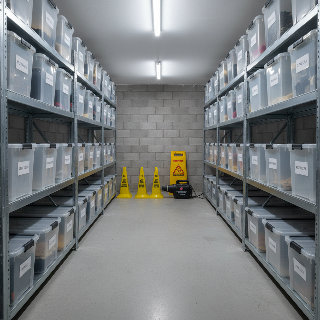 An underground apartment storage room in Istanbul, freshly treated for pests, with neatly stacked plastic containers on industrial metal shelving and a smooth concrete floor that looks dry and dust-free. At the far wall, bright yellow hazard cones and a temporary warning stand without text indicate a recently serviced area. A compact, closed ULV fogger with a matte finish rests beside them, its cable coiled precisely. Overhead fluorescent lights cast even, cool illumination, eliminating dark corners and creating a sense of security. Photographic realism, eye-level composition with strong linear perspective leading the viewer’s eye down the aisle, projecting professionalism, order, and long-term protection for stored belongings.