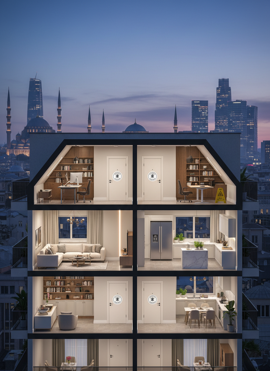 A cross-section style view of a modern multi-story Istanbul apartment building at dusk, each visible interior space—living room, kitchen, and office corner—appearing clean, orderly, and recently serviced by a pest control company. Discreet visual cues like small, non-branded service stickers on doorframes and subtle safety markers on balconies suggest regular maintenance. Warm indoor lighting contrasts with the cool blue Istanbul evening sky, where silhouettes of minarets and contemporary towers appear in the distance. Photographic realism with slight architectural visualization flair, shot from a slightly elevated wide-angle perspective, conveying comprehensive building-wide protection and a calm, secure atmosphere for residents and businesses alike, without any visible pests.