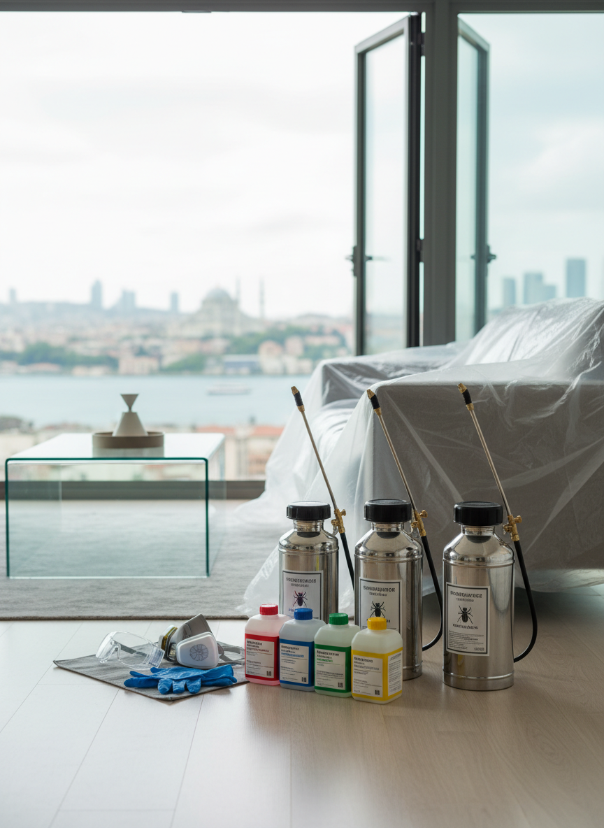 A highly organized pest control workstation in a modern Istanbul apartment living room, showing a neatly arranged set of professional sprayers, sealed chemical containers with color-coded caps, protective gloves, goggles, and a folded respirator mask placed on a clean, light-wood floor. The nearby sofa and coffee table are carefully covered with clear plastic sheets, and windows are slightly open to indicate ventilation. Soft daylight enters from a Bosphorus-facing window, creating gentle reflections on the equipment. Photographic realism, eye-level composition with sharp focus throughout, clean and professional mood emphasizing safety, hygiene, and trust, with the Istanbul skyline faintly visible through the glass in the blurred background.